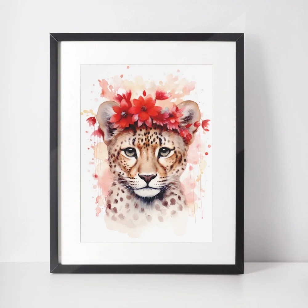 Watercolor Leopard With Flowers Portrait Wall Art Illustration Print Unframed - Picture 2 of 6